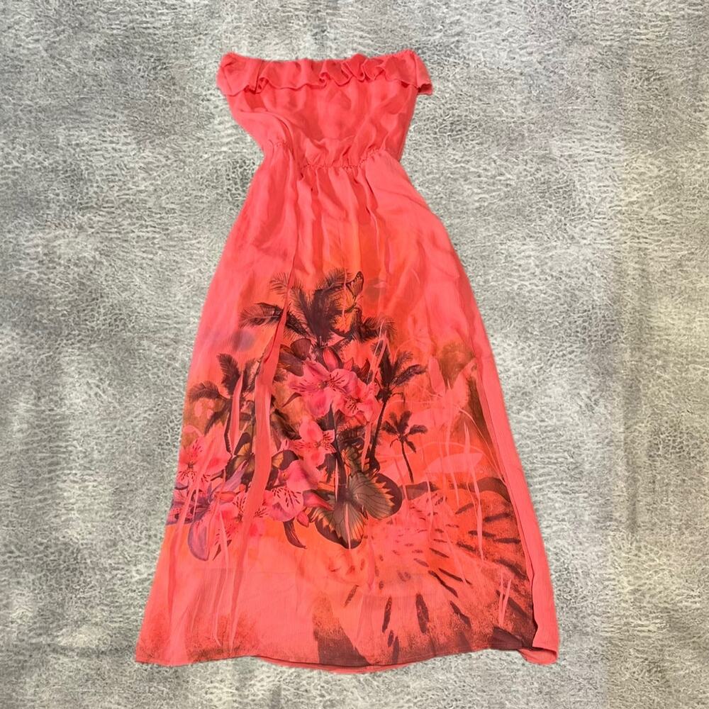 Coral Y2k Graphic Floral Ruched Maxi Strapless Dress
